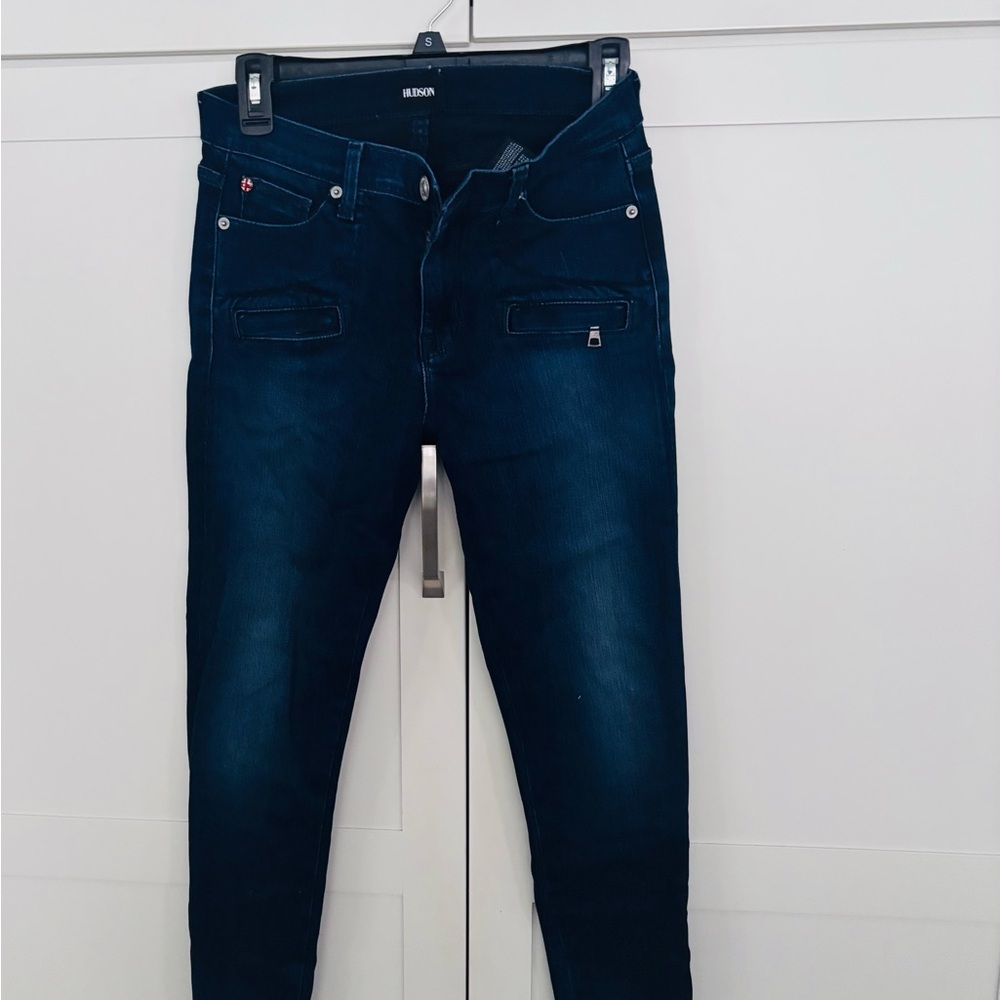 Hudson Jeans Women's Deep Blue Skinny Jeans with zipper pockets detail